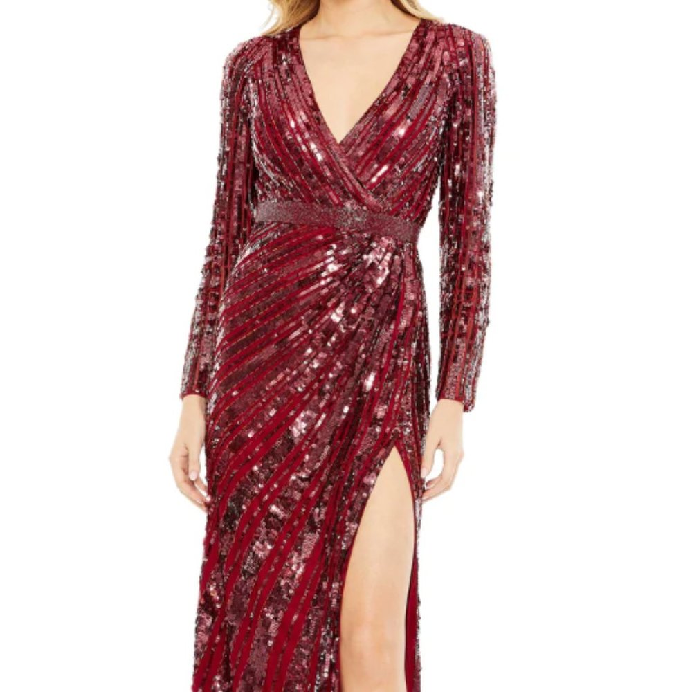 MAC DUGGA 5186 SEQUIN V-NECK LONG SLEEVE BURGUNDY GOWN sz 12